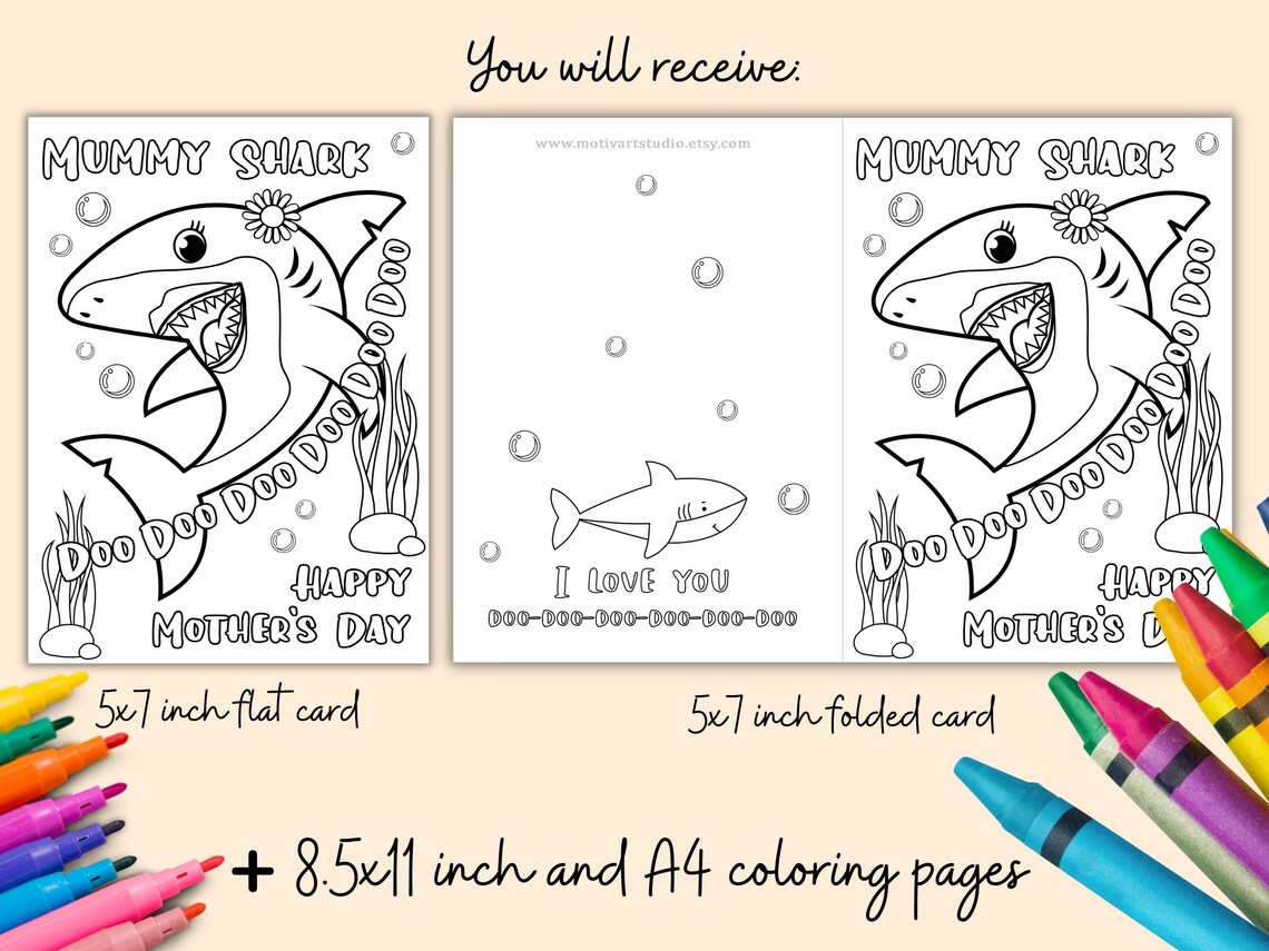 Mummy Shark Printable Mother's Day Coloring Card for Kids. - Etsy