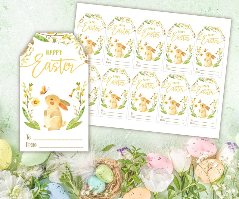 3 Printable Easter gift tags with Cute Easter Bunny, Easter Eggs and Easter wreath. Digital Download Easter Basket Tags. Easter favor tags image 3