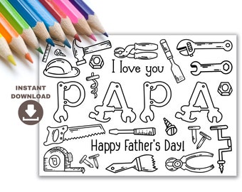 Papa Fathers Day Coloring Card for kids instant download. Printable Father's Day gift from kids. Coloring page with hand tools for grandpa