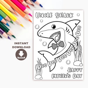 Carte de coloriage imprimable de la fête des pères Uncle Shark pour les enfants. Uncle Fathers Day DIY téléchargement numérique. Cadeau pour oncle coloriage pour oncle