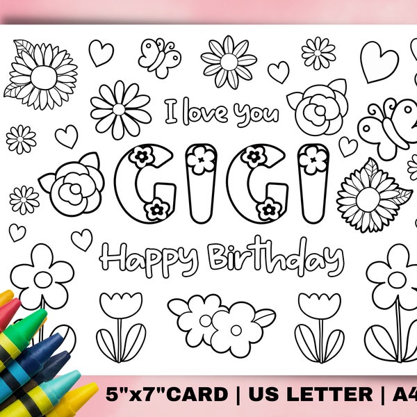 Printable coloring Birthday Card for Gigi. Instant download gift for Gigi. Grandma Birthday Card. Birthday Gigi gifts from grandkids