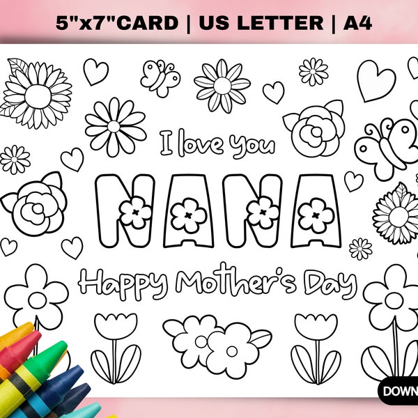 Nana Mothers Day coloring Card, Gift from grandkids. Mothers day DIY gift. Craft classroom for grandma. Children’s Mothers Day card for Nana