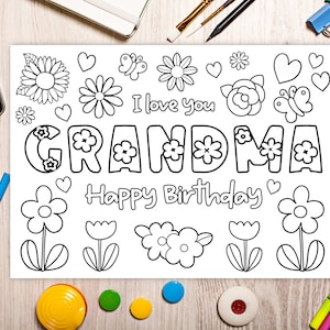 Printable coloring Birthday Card for Grandma. Grandmother Birthday Card DIY gift. Kids craft for grandma birthday Instant download card image 7