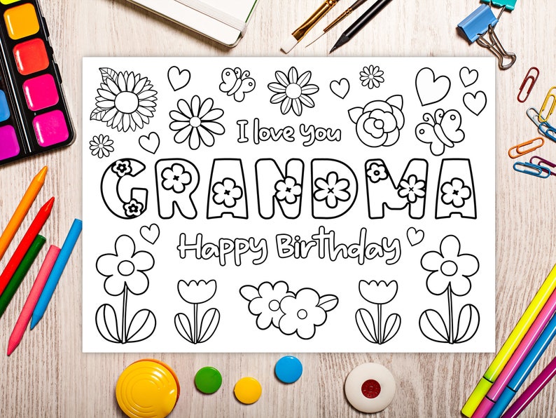 Printable coloring Birthday Card for Grandma. Grandmother Birthday Card DIY gift. Kids craft for grandma birthday Instant download card image 7