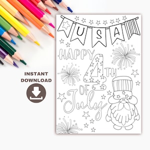 Carte à colorier Gnome imprimable du 4 juillet et coloriage pour les enfants. Activité du Jour de l’Indépendance pour les enfants. Classe d’artisanat patriotique pour les États-Unis