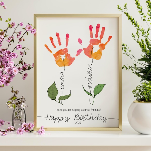 Regalo de cumpleaños personalizado para mamá. Huella de flores Regalo de niños. Regalo imprimible para mamá. Descarga digital de regalos de huellas de manos de recuerdo de bebé