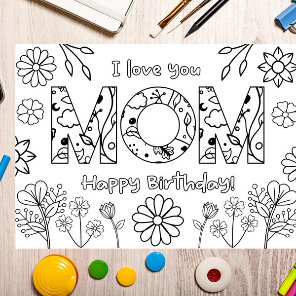 Printable coloring Birthday Card for Mom. Cute Mom Birthday Card DIY gift. Kids craft for Mom birthday. Instant download mom birthday cards