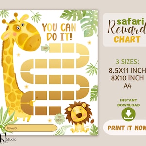Safari Kids Belohnungstabelle Sofortiger Download. Druckbare Tabelle für Kinder. Niedliche Giraffe und Löwe Kinder Sticker Karte. Kleinkind-Verhaltenstabelle