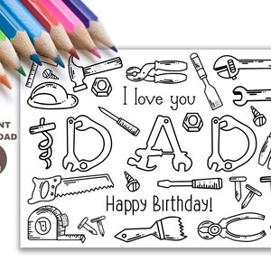 Afdrukbare papa verjaardag kleurkaart voor kinderen direct downloaden. Grappig verjaardagscadeau voor papa. DIY Craft kleurplaat voor papa met handgereedschap