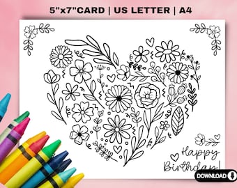 Printable coloring Birthday Card for Mom, Grandma, Mimi, Nana. Cute Birthday Card DIY gift. Kids craft for Mom birthday Instant download