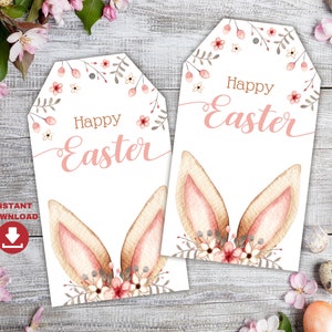 Osterhasenohren zum Ausdrucken. Niedliche Osterkorb Favor Tags in Pastellfarben. Aquarell Ostern Tag zum sofortigen Download