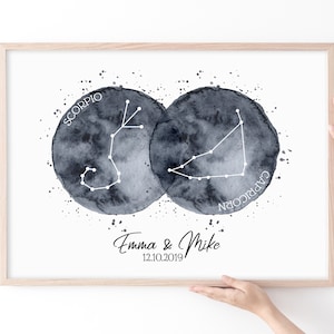 Personalisierte Beziehungsgeschenke mit Sternzeichen für Paare. Personalisiertes Geschenk zum Jubiläum. Ausdruckbare Hochzeitsgeschenke, Astrologie Geschenke