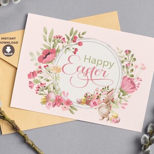 Florale Osterhase Karte. Druckbare Osterkarte mit Frühlingsblumen und niedlichem Osterhase. Sofort Download Osterkarte mit Ostereier