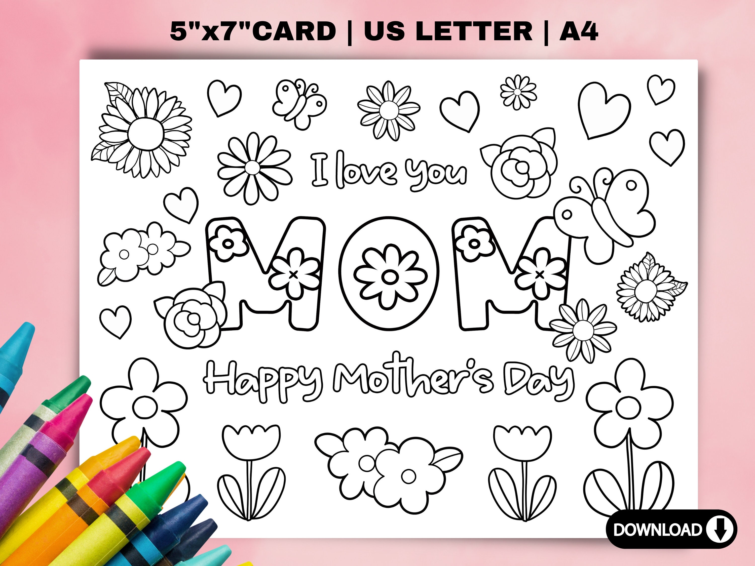 Mothers Day Coloring Card for Kids. Printable DIY Mothers Day Gift ...