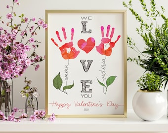 Personalized Valentines handprint Gift from kids. Printable Classroom Valentines handprint art. DIY Valentine's Day kids crafts for mom