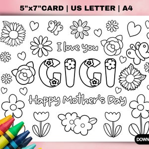 Gigi Moederdag kleurkaart, Cadeau van kleinkinderen. Moederdag DIY cadeau. Knutsellokaal voor oma. Kindermoederdag cadeau voor Gigi
