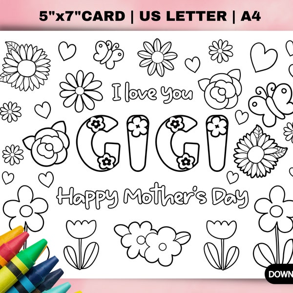 Gigi Mothers Day coloring Card, Gift from grandkids. Mothers day DIY gift. Craft classroom for grandma. Children’s Mothers Day gift for Gigi