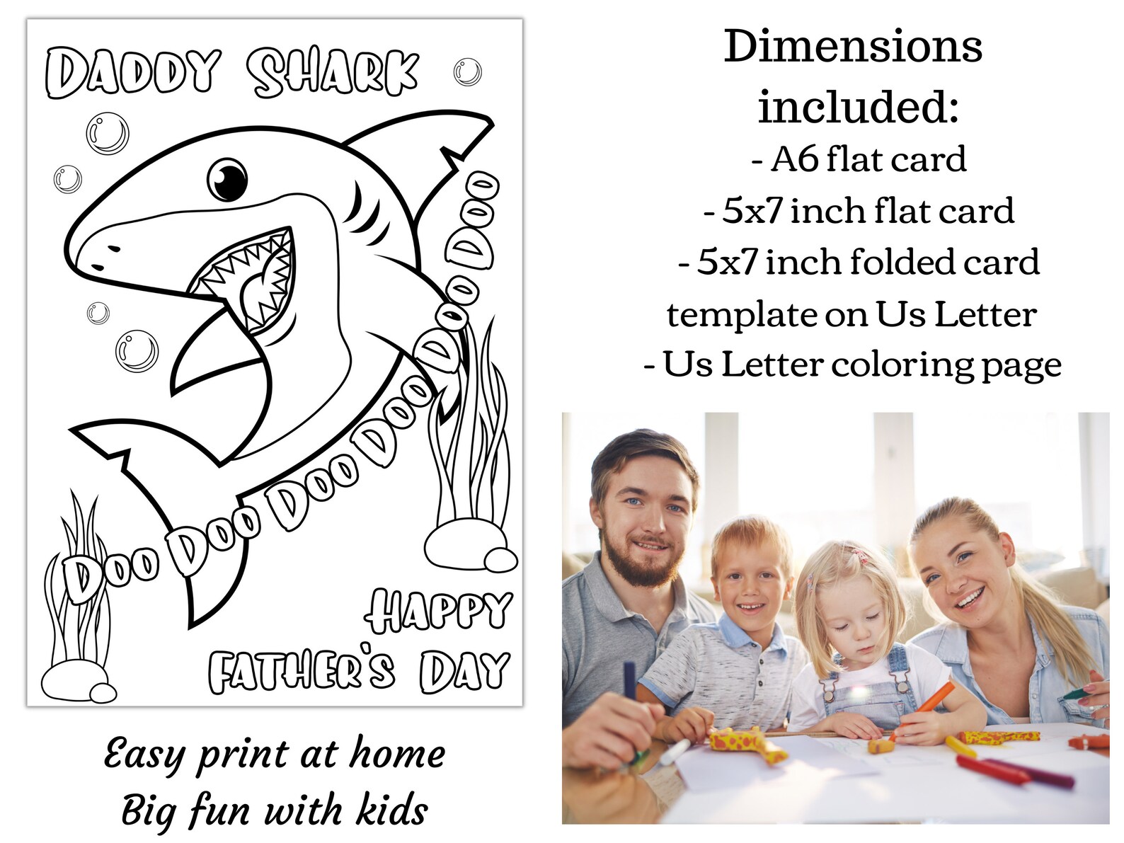 Daddy Shark Printable Father's Day Coloring Card for kids. | Etsy