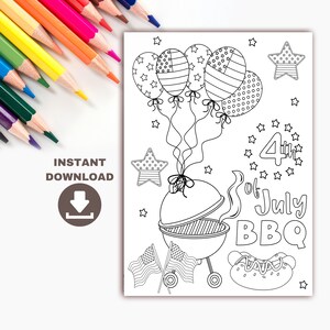 4 juillet BBQ Coloriage Carte et Coloriage pour les enfants. Activité imprimable du Jour de l’Indépendance pour les enfants. Téléchargement numérique de Patriotic Craft