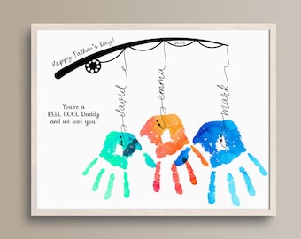 Personalized Father&#39;s Day Handprint Gift from kids. Printable Handprint DIY gift for dad, papa, grandpa. Fishing dad gift digital download
