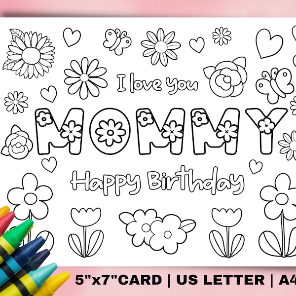 Printable Birthday coloring Card for Mom. Happy Birthday Mommy printable card. Kids craft for Mom. Mom gift from kids digital download