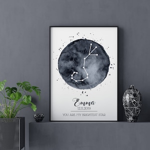 Spersonalizowany nadruk konstelacji. Nadruk znaku zodiaku. Spersonalizowany prezent ze znakiem astrologicznym. Prezent urodzinowy do wydrukowania ze znakiem zodiaku. Plakat astrologiczny.