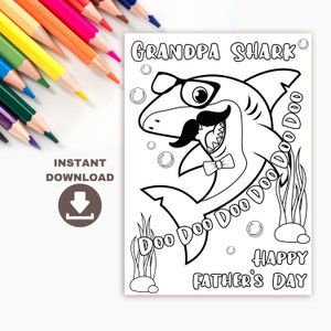 Carte de coloriage imprimable de la fête des pères grand-père Shark pour les enfants. Drôle de carte de fête des pères de grand-père. Téléchargement instantané De la page de coloriage de la classe Craft