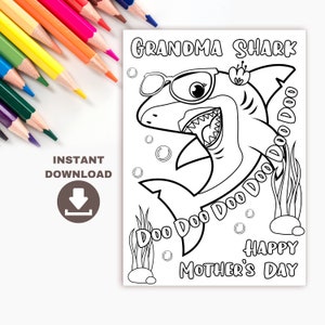 Tarjeta imprimible para colorear del Día de la Madre de Grandma Shark para niños. Divertida tarjeta DIY del Día de la Madre para la abuela. Página para colorear para niños de descarga instantánea