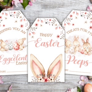 3er Set Printable Ostergeschenkanhänger mit niedlichen Osterpeeps, Ostereiern und Osterhasenohren. Kinder Osterkorb Tags. Ostergeschenkanhänger