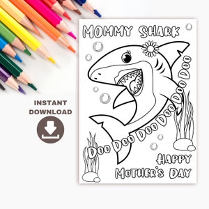 Cartão para colorir do Dia das Mães para impressão da Mommy Shark para crianças. Cartão engraçado do Dia das Mães DIY download instantâneo Cartão para colorir em sala de aula artesanal para a mãe