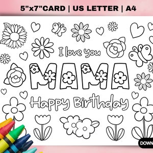 Cartão de aniversário para colorir para impressão para mamãe. Cartão de aniversário de mãe fofo presente DIY. Artesanato infantil para o aniversário da mamãe. Baixe instantaneamente cartões de aniversário para mães