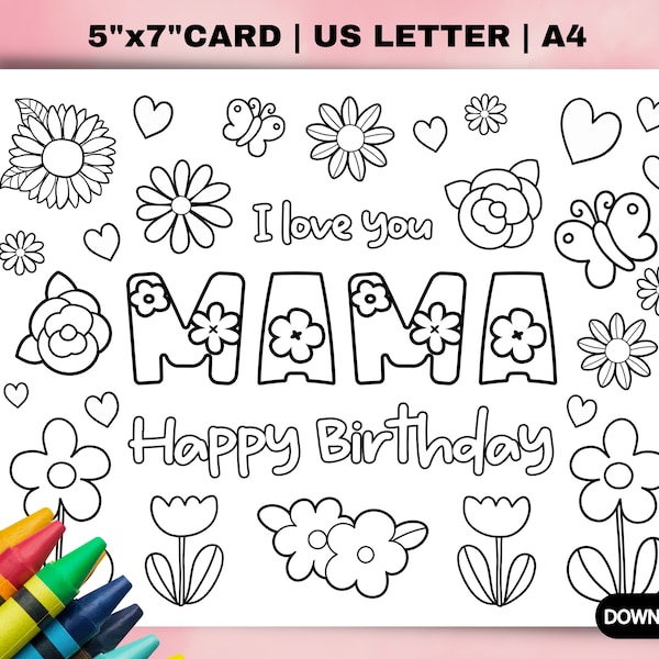 Printable coloring Birthday Card for Mama. Cute Mom Birthday Card DIY gift. Kids craft for Mom birthday. Instant download mom birthday cards