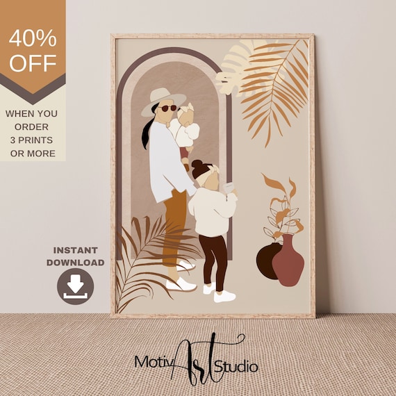 Mom and Children Boho Printable Wall Art. Neutral Tone | Etsy