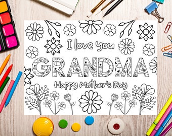 Grandma Printable Mothers Day coloring Card for kids. Mothers day DIY gift. Craft classroom for grandmother. Children’s Mothers Day DIY card