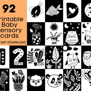 92 Baby Sensory Flash Cards bundle Instant Download. Black and white, High Contrast Printable Montessori flashcards. Neutral baby gift