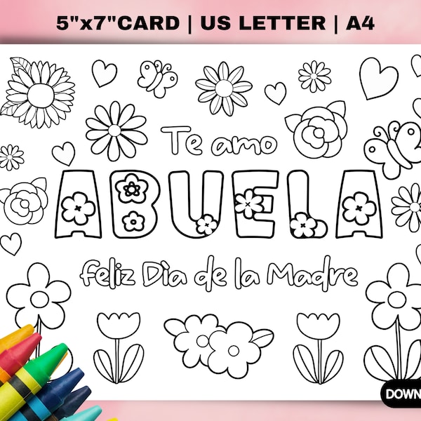 Tarjeta para colorear del Día de la Madre en Español para imprimir para Abuela. Tarjeta Feliz Día de la Madre. Dibujo para colorear del regalo de la abuela. Tarjeta DIY para el Día de la Madre Infantil