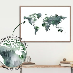 Smaragdgrüne Weltkarte Wandkunst. Abstrakter Wald Aquarell Weltkarte Druck. Weltkarte Druckbares Modernes Poster. Waldgrünes Dekor
