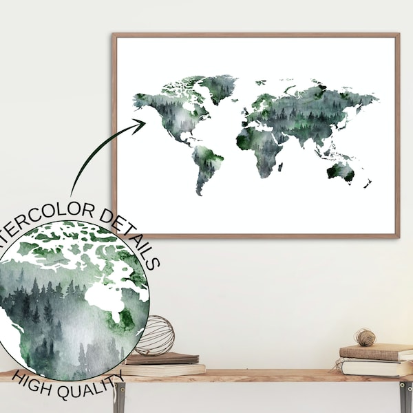 Emerald green world map wall art. Abstract woodland watercolor World Map print. World Map Printable Modern Poster. Forest Green decor