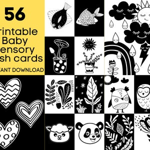 Kontrastreiches Montessori Baby Sensory Flash Cards Set. Schwarze und weiße Karteikarten zum ausdrucken. Neutrales Babypartygeschenk Künstlerische sensorische Karten