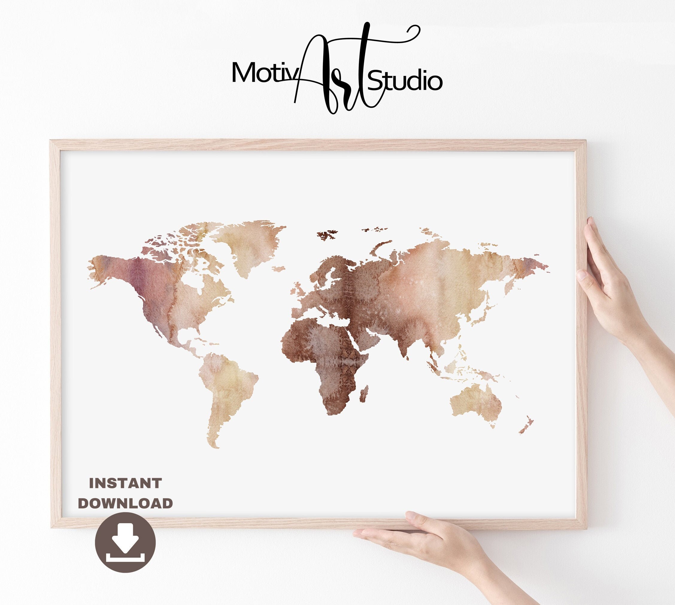 Neutral Earth Tone World Map Printable Home Decor, Beige Modern World Map Poster, Abstract World Map Wall Art Watercolor Minimalist Print