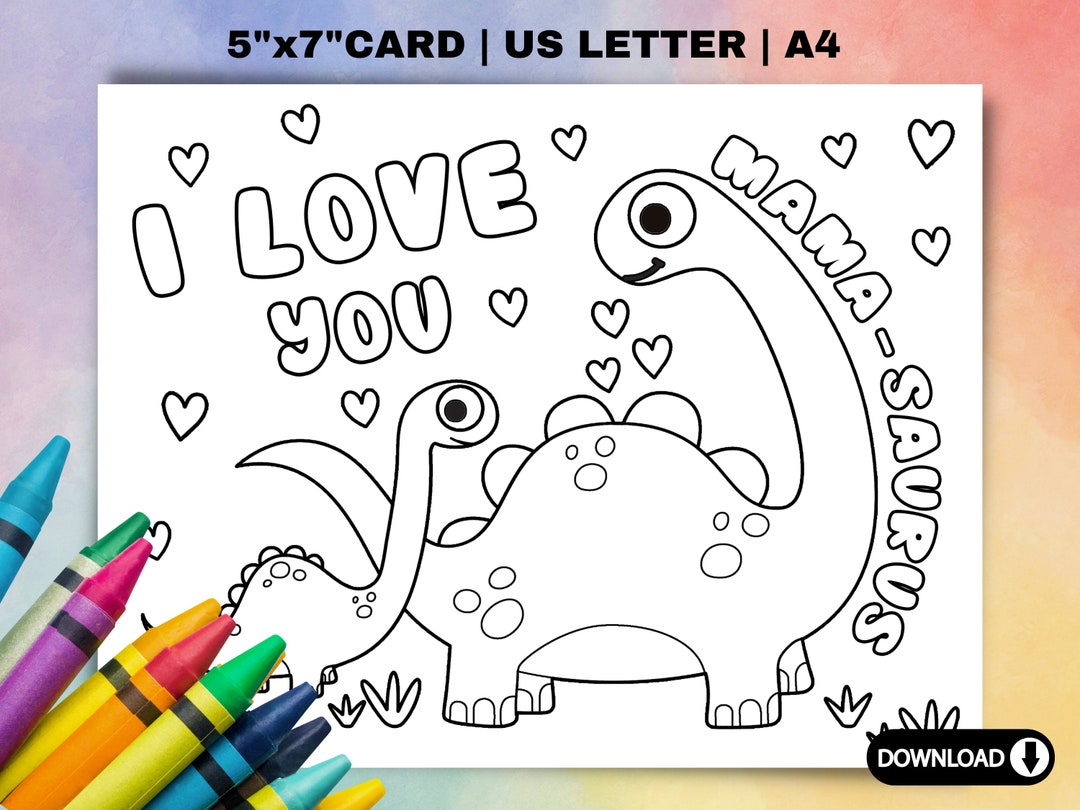 Dinosaur Birthday Coloring Card for Mom. Funny Mothers Day Card for ...