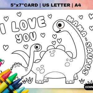 Carte de coloriage d'anniversaire de dinosaure pour maman. Carte drôle de fête des mères pour maman saurus. Coloriage à télécharger numérique Cadeau de bricolage pour l'anniversaire de maman