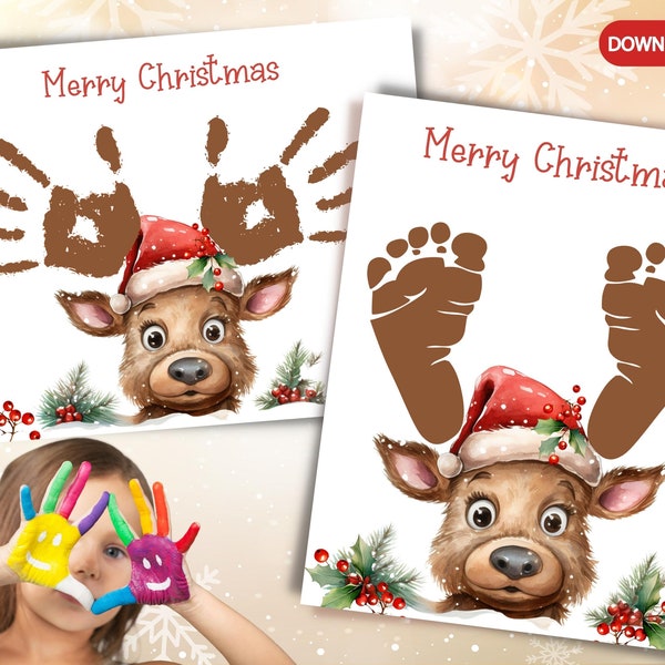 Christmas Reindeer Handprint art craft for kids. Cute Christmas Footprint and Handprint gift instant download. Unique Holiday gift from kids