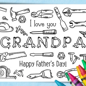 Tarjeta para colorear del Día del Padre para niños con descarga instantánea. Regalo para el Día del Padre para niños. Linda página para colorear con herramientas manuales