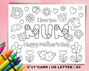 Cartão para colorir do Dia das Mães para imprimir para crianças. Presente DIY para o dia das mães. Crie uma atividade de sala de aula para a mãe. Download digital do cartão infantil do Dia das Mães
