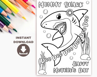 Mummy Shark Printable Mother's Day Coloring Card for kids. Funny Mothers Day DIY Instant download Craft classroom coloring page for mum