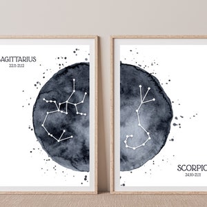 Zodiac print constellation wall art for couples. Custom Valentine's day gift for boyfriend. 1 year anniversary Personalized astronomy print