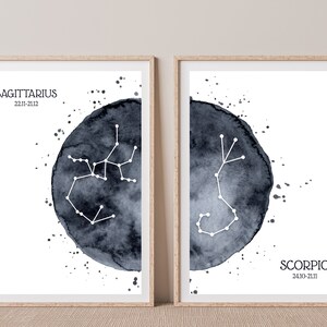Arte de pared de constelación con estampado zodiacal para parejas. Regalo personalizado de San Valentín para novio. 1 aniversario Impresión astronómica personalizada