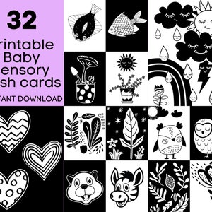 32 kontrastreiche Montessori Lernkarten. Druckbare Baby Sensorik Flash Karten Set. Künstlerische Schwarz-Weiß-Karten. Neutrales Babypartygeschenk