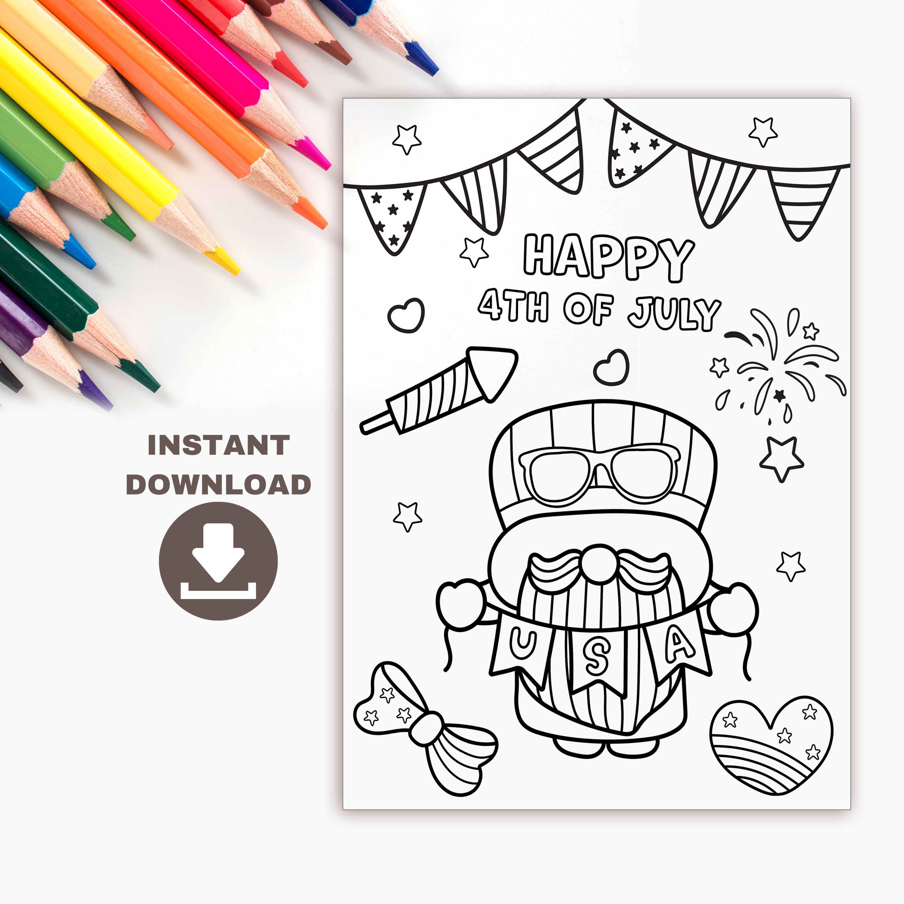 Kids 4th of July Gnome Coloring page and Coloring card. | Etsy